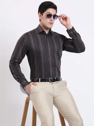 Brown Striped Slim Fit Formal Shirt | JadeBlue