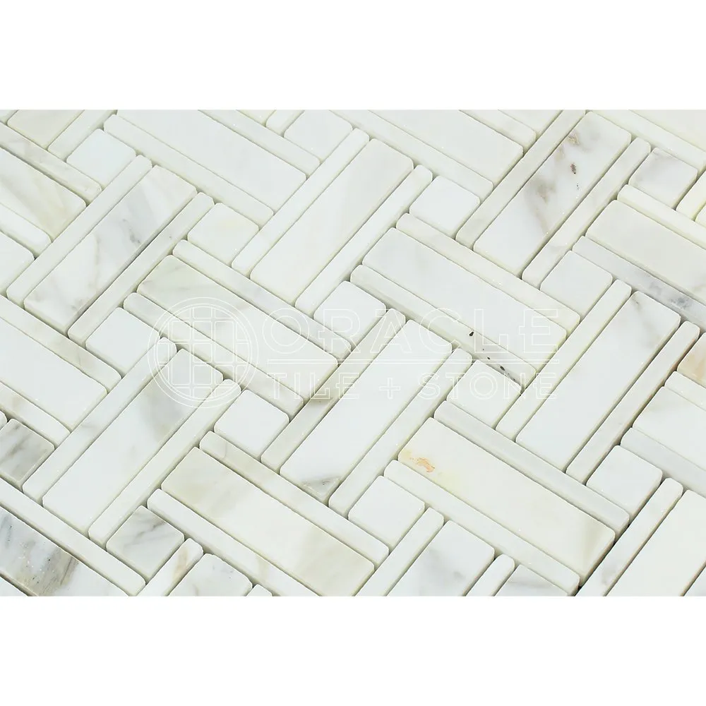Calacatta Gold (Italian Calcutta) Marble Triple-Weave Mosaic Tile (with Ming Green Marble Dots, Polished)