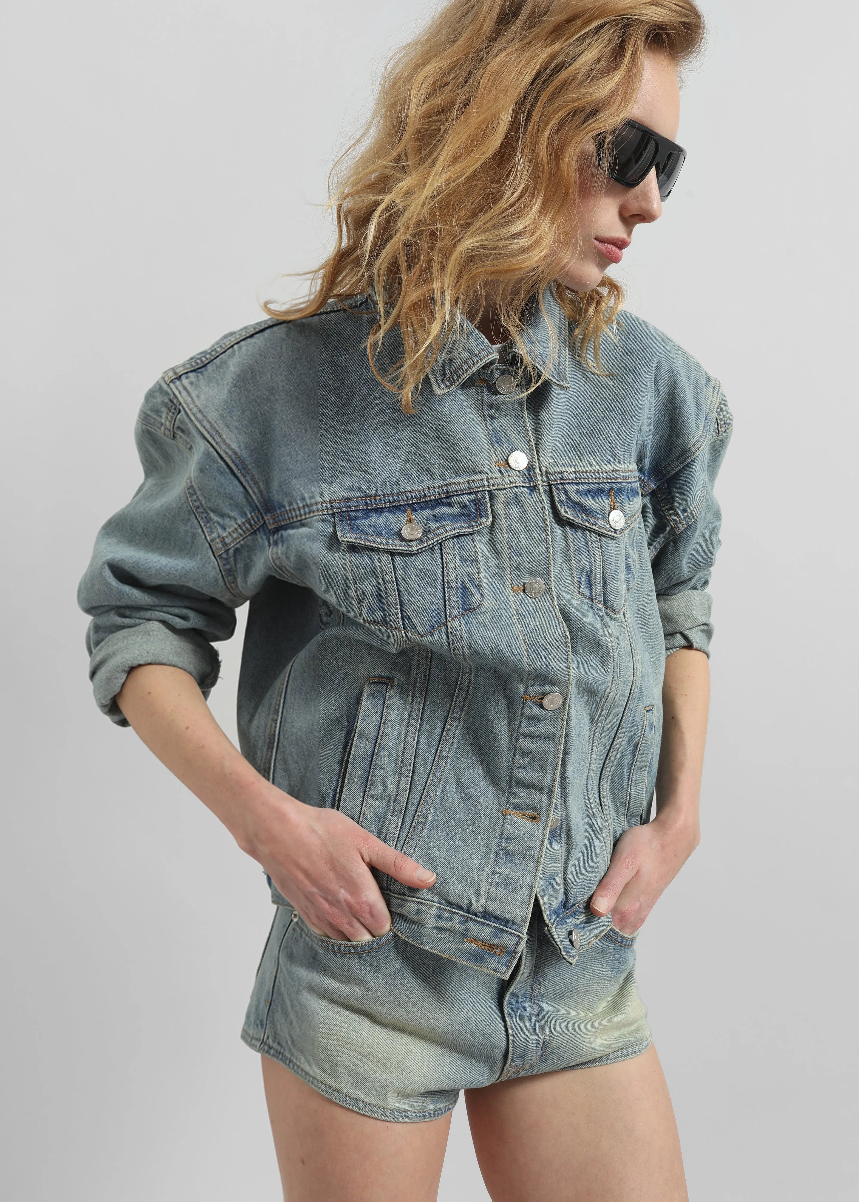 Ceylon Sharp Shoulder Denim Jacket - Light Wash