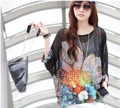 Chiffon Tops Novelty Ladies Floral Print Casual Loose Blouses Shirts Plus Size 4XL 5XL 6XL Women's Tops Blouses