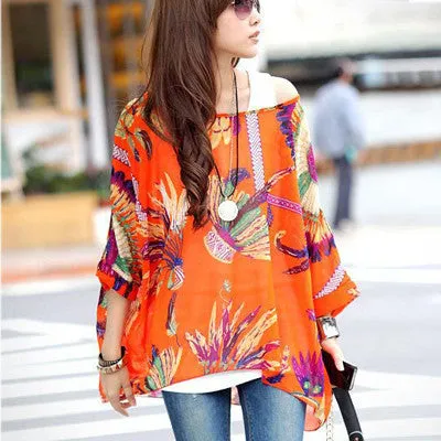 Chiffon Tops Novelty Ladies Floral Print Casual Loose Blouses Shirts Plus Size 4XL 5XL 6XL Women's Tops Blouses