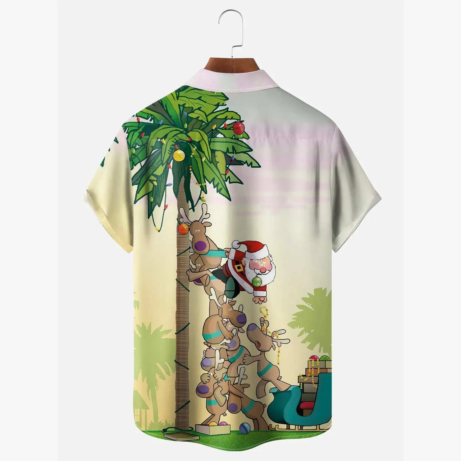 Christmas Santa Claus Elk Coconut Tree Cartoon Pocket Casual Shirt