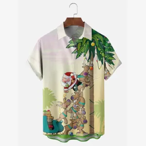 Christmas Santa Claus Elk Coconut Tree Cartoon Pocket Casual Shirt