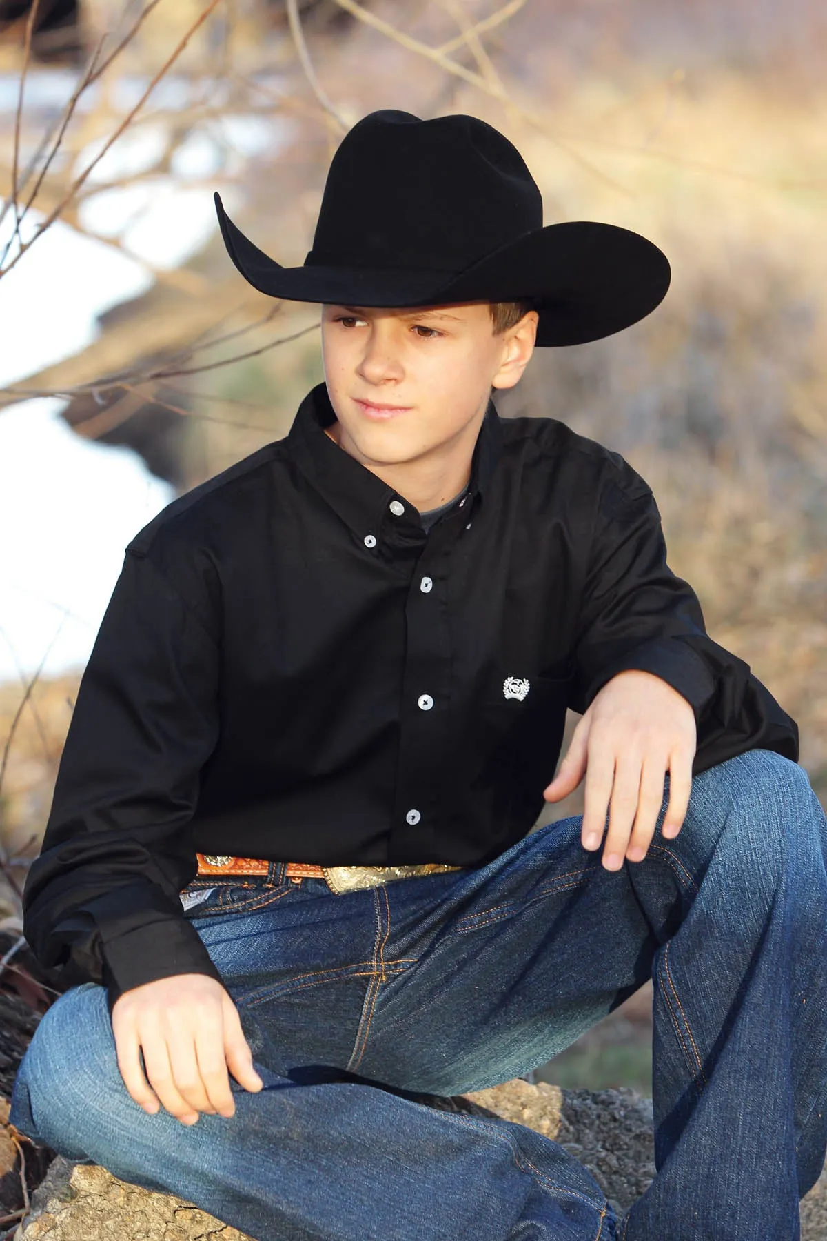 CINCH Boy's Solid Black Button-Down Western Shirt