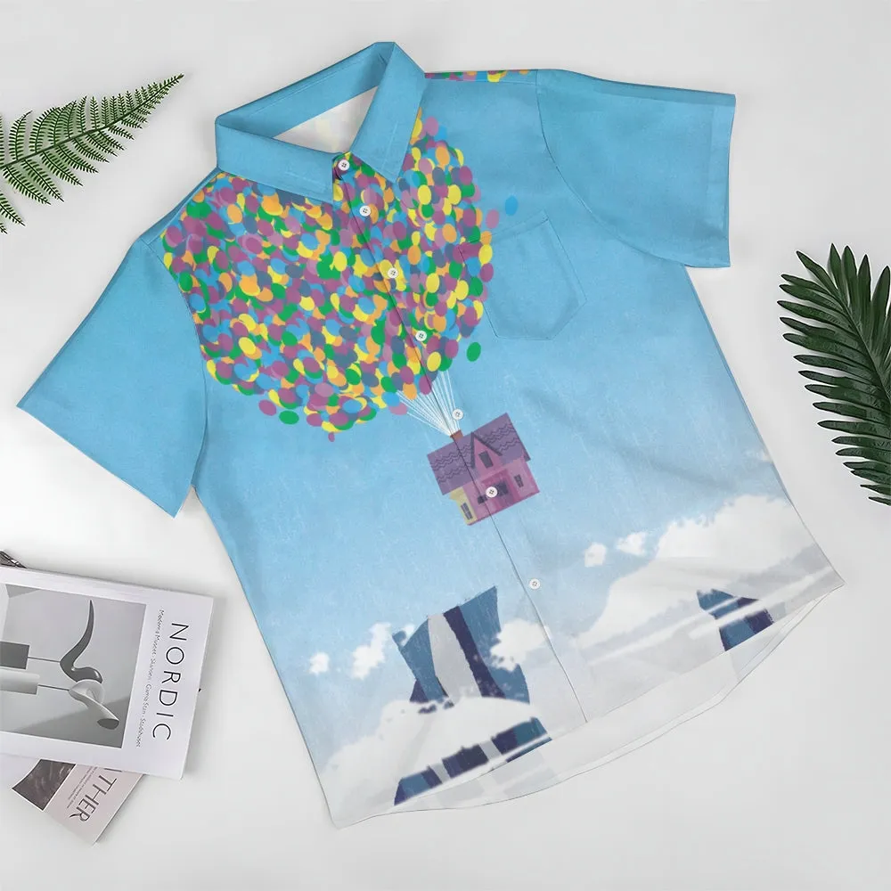 Colorful Balloon And Flying House Print Short-Sleeved Shirt 2406002476