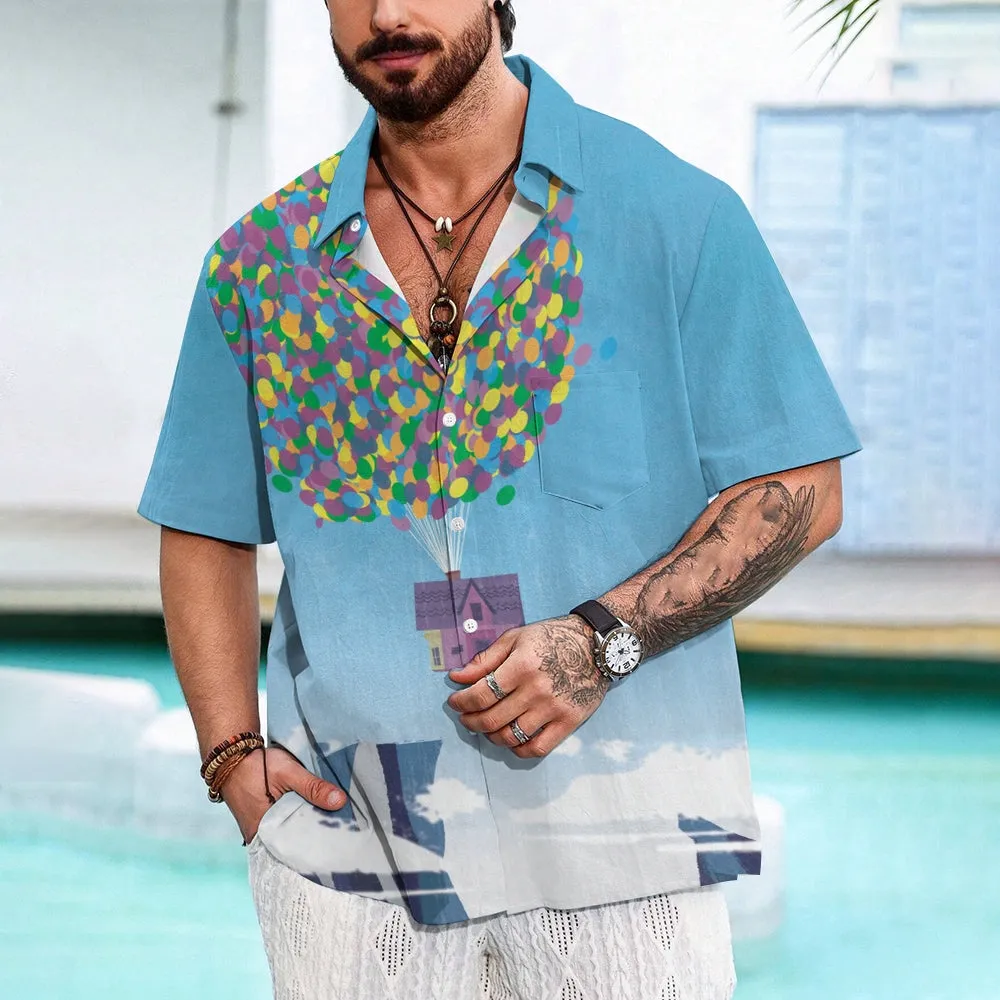 Colorful Balloon And Flying House Print Short-Sleeved Shirt 2406002476