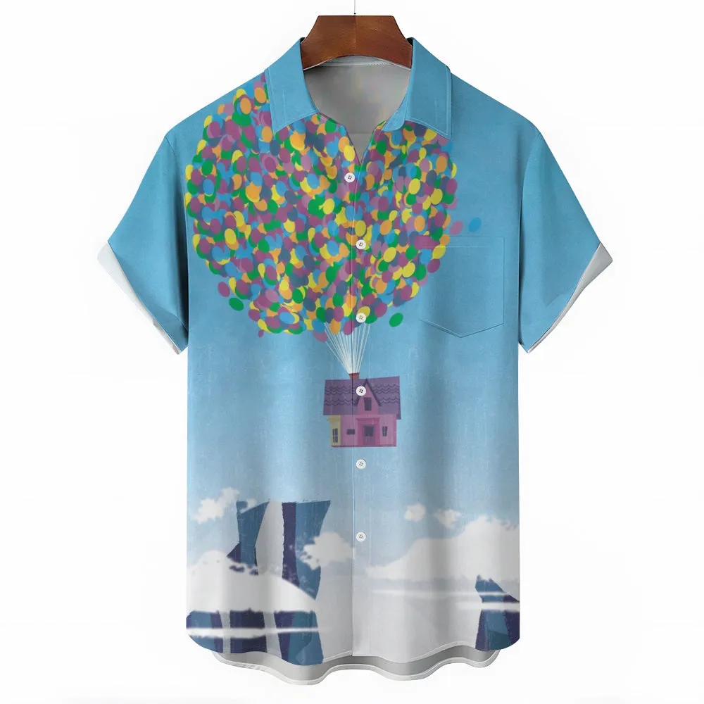 Colorful Balloon And Flying House Print Short-Sleeved Shirt 2406002476