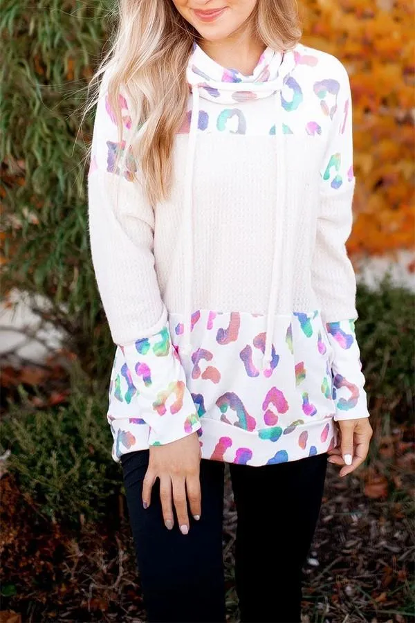 Cowl Neck Spotted Waffle Block Hoodie