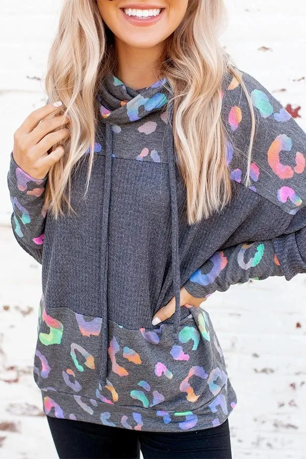 Cowl Neck Spotted Waffle Block Hoodie
