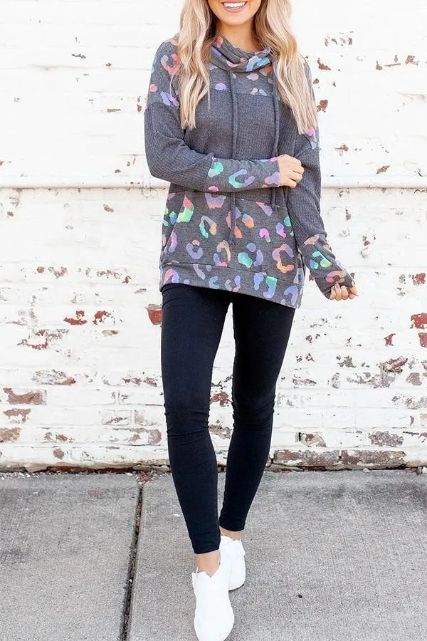 Cowl Neck Spotted Waffle Block Hoodie