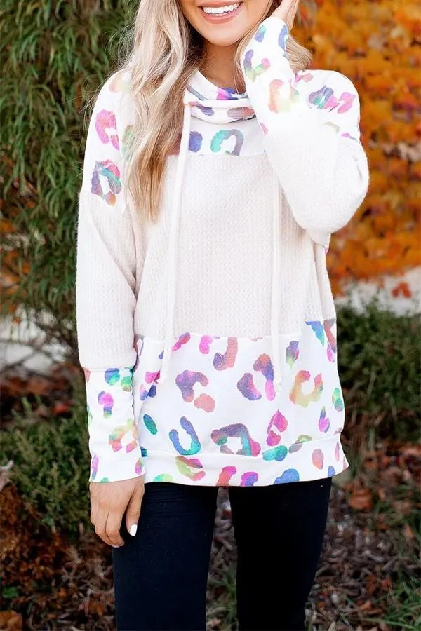Cowl Neck Spotted Waffle Block Hoodie