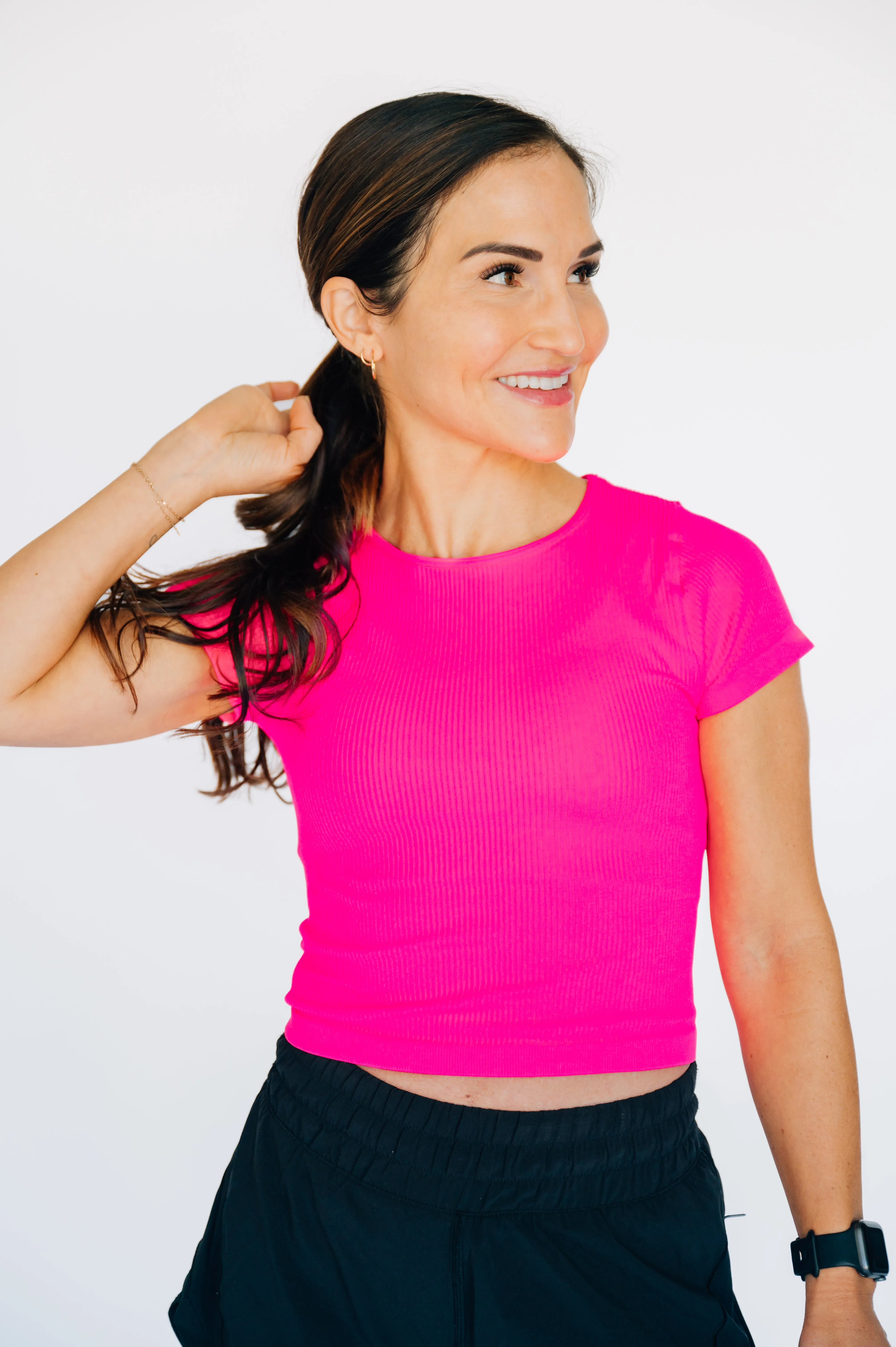 Cropped Ribbed Baby Tee - Neon Fuchsia