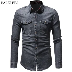 Denim Shirt Men Long Sleeve