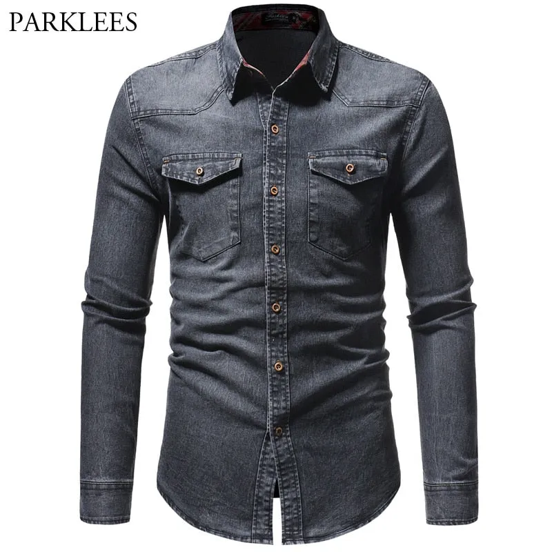 Denim Shirt Men Long Sleeve