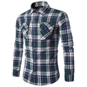 Double Flap Pocket Letters Number Pattern Shirt Collar Long Sleeves Plaid Shirt For Men - Green 2xl