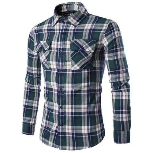 Double Flap Pocket Letters Number Pattern Shirt Collar Long Sleeves Plaid Shirt For Men - Green 2xl