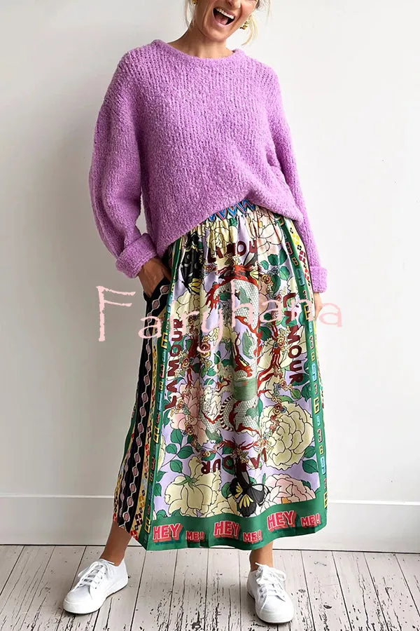 Dragon Season Unique Print Elastic Waist Pocketed Midi Skirt