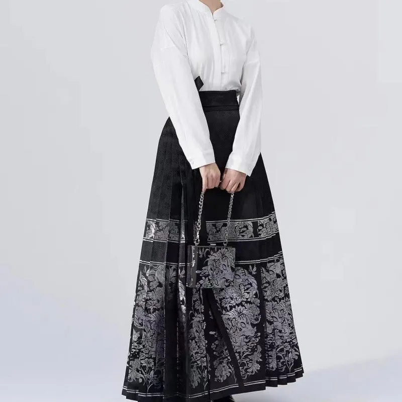 Elegant Black Retro Lace Up Loose Print Skirts Spring