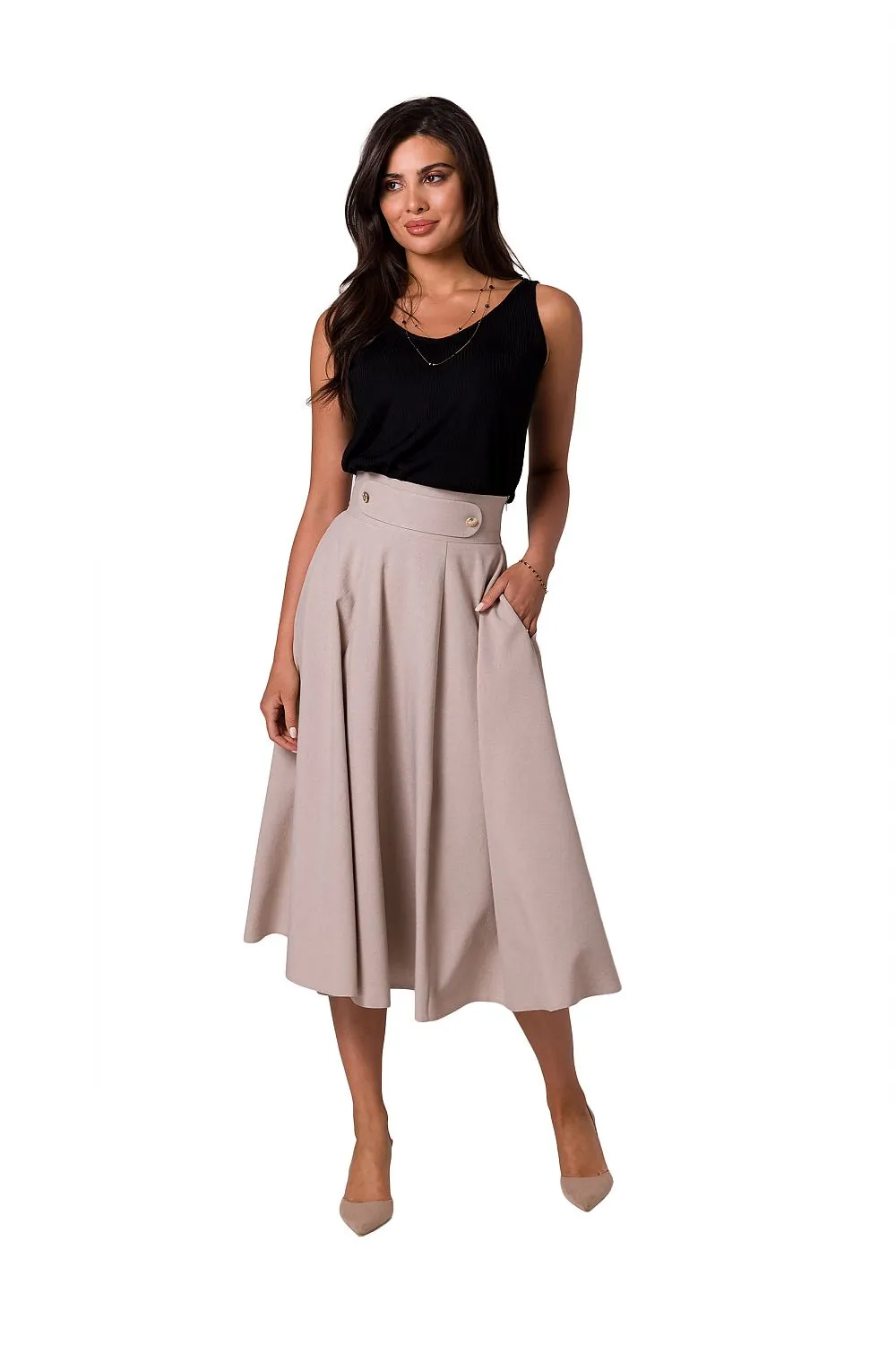 Elegant Button-Detail Flared Midi Skirt