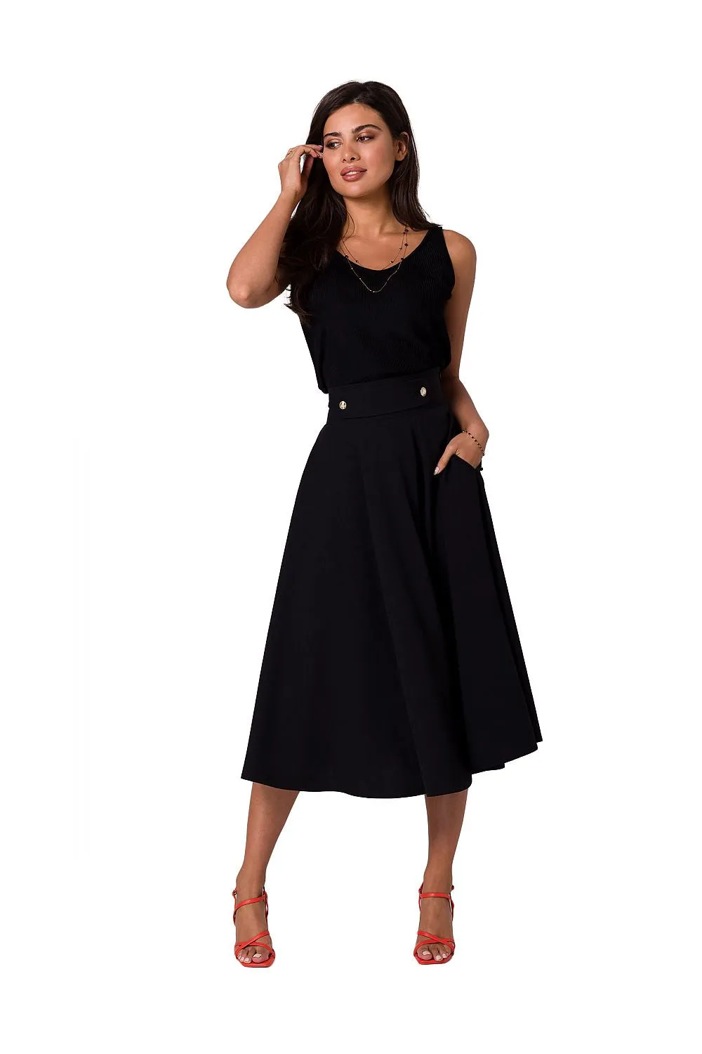 Elegant Button-Detail Flared Midi Skirt