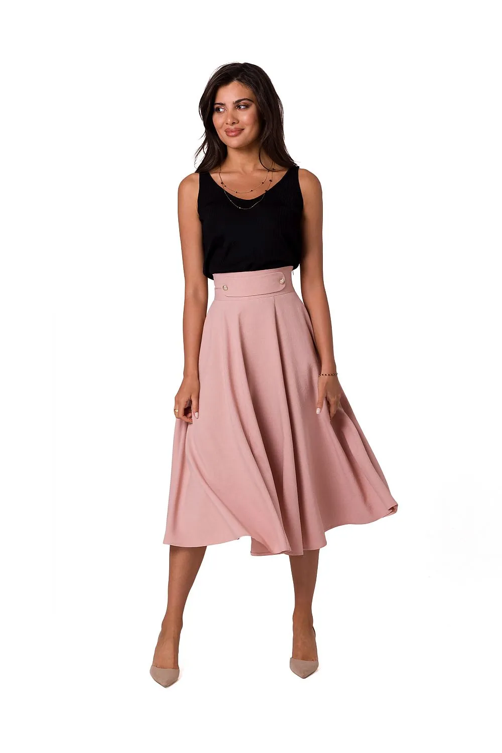 Elegant Button-Detail Flared Midi Skirt