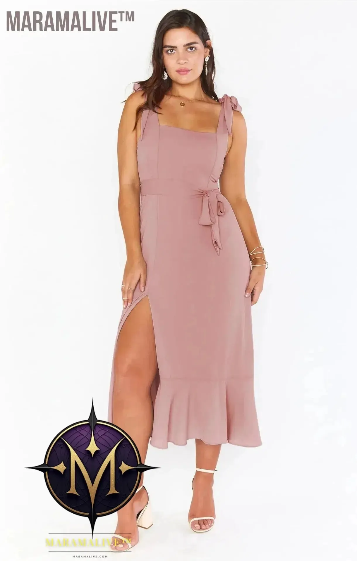 Elegant Fashion Women'S Temperament Commuter Slit Dress Solid Color Fallow Skirt Urban Style High-Waisted A-Line Dress
