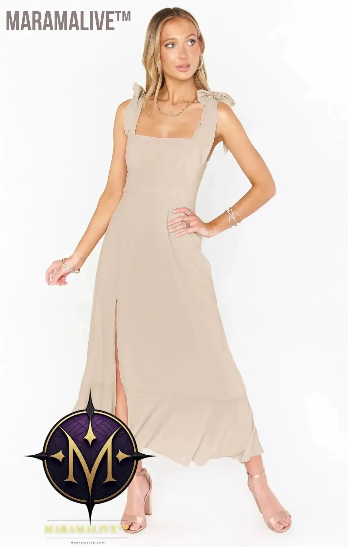 Elegant Fashion Women'S Temperament Commuter Slit Dress Solid Color Fallow Skirt Urban Style High-Waisted A-Line Dress