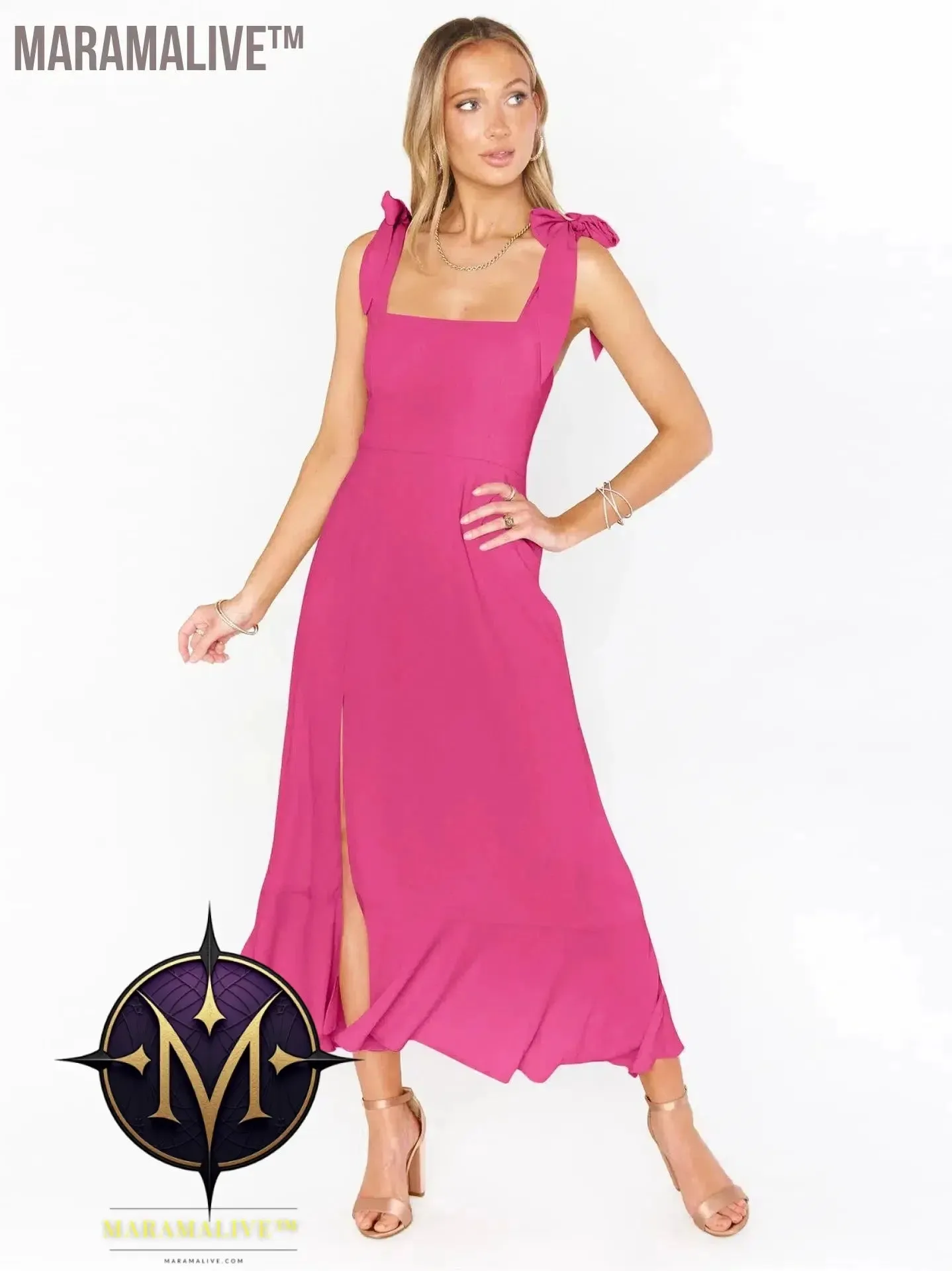 Elegant Fashion Women'S Temperament Commuter Slit Dress Solid Color Fallow Skirt Urban Style High-Waisted A-Line Dress
