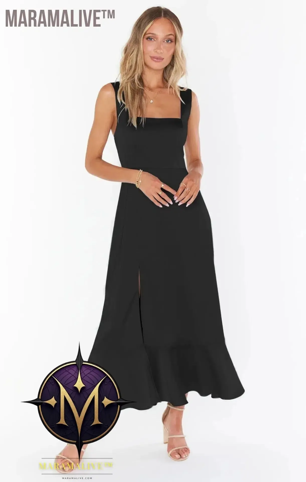 Elegant Fashion Women'S Temperament Commuter Slit Dress Solid Color Fallow Skirt Urban Style High-Waisted A-Line Dress