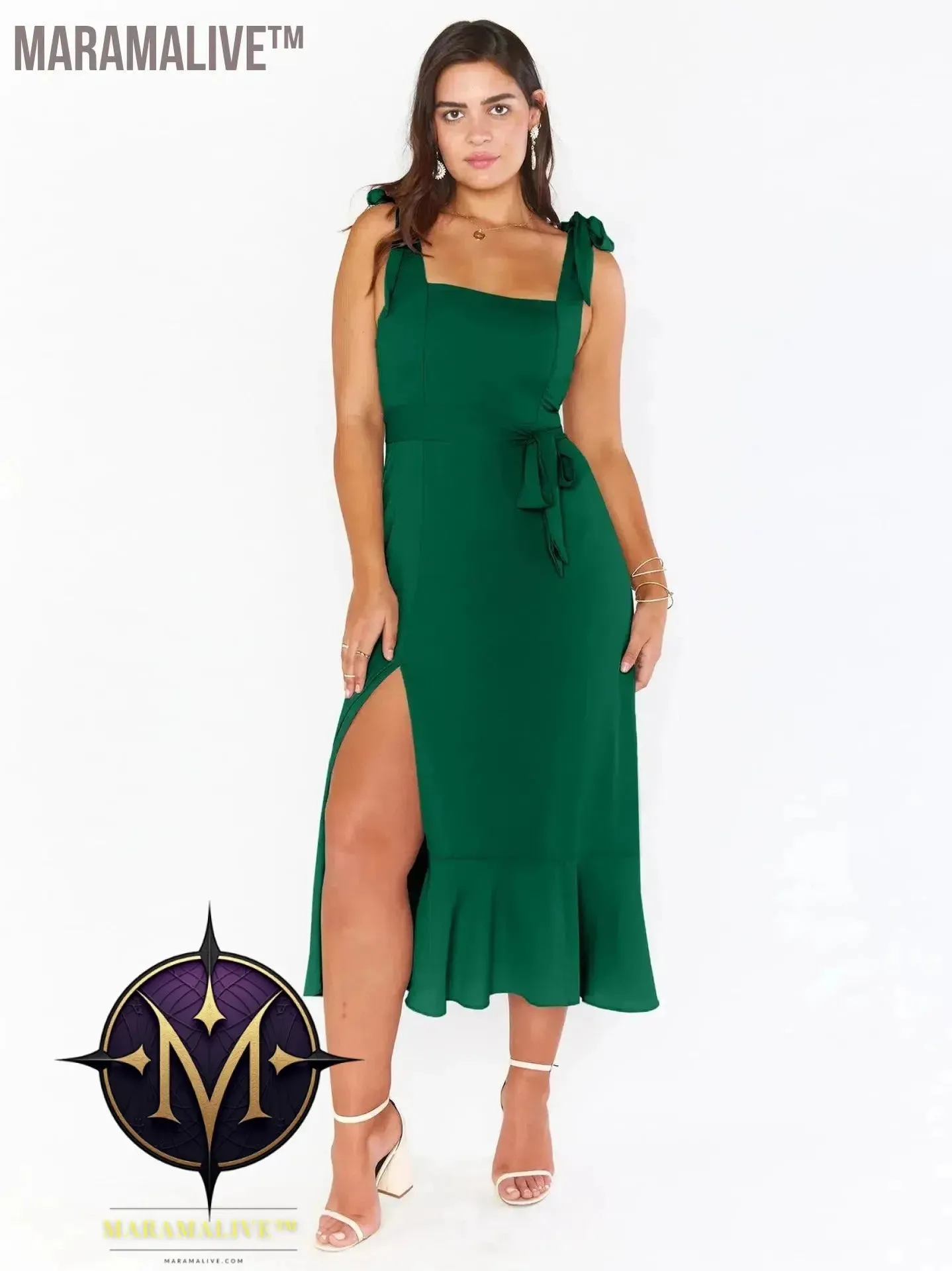 Elegant Fashion Women'S Temperament Commuter Slit Dress Solid Color Fallow Skirt Urban Style High-Waisted A-Line Dress