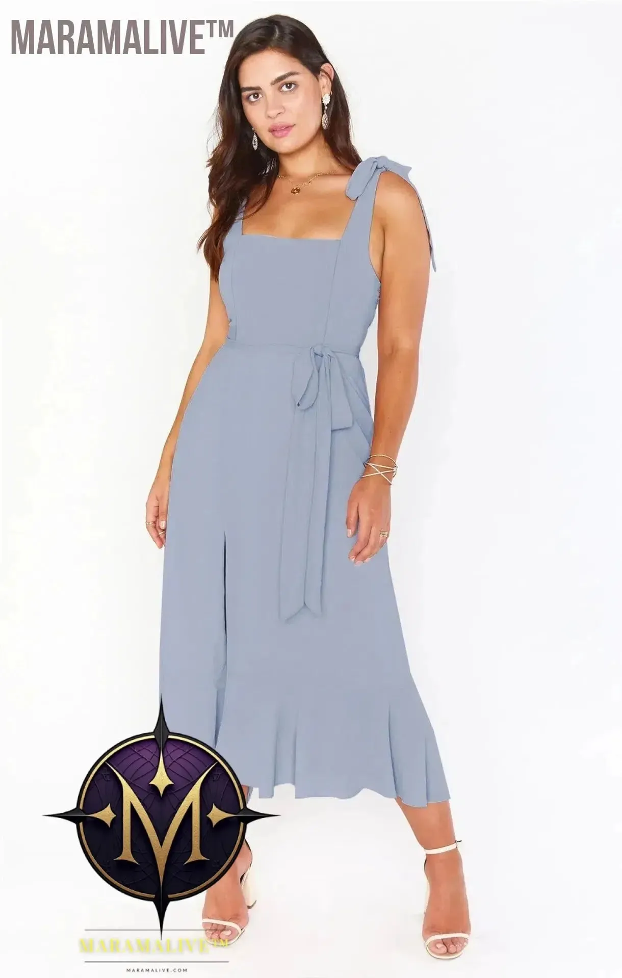 Elegant Fashion Women'S Temperament Commuter Slit Dress Solid Color Fallow Skirt Urban Style High-Waisted A-Line Dress