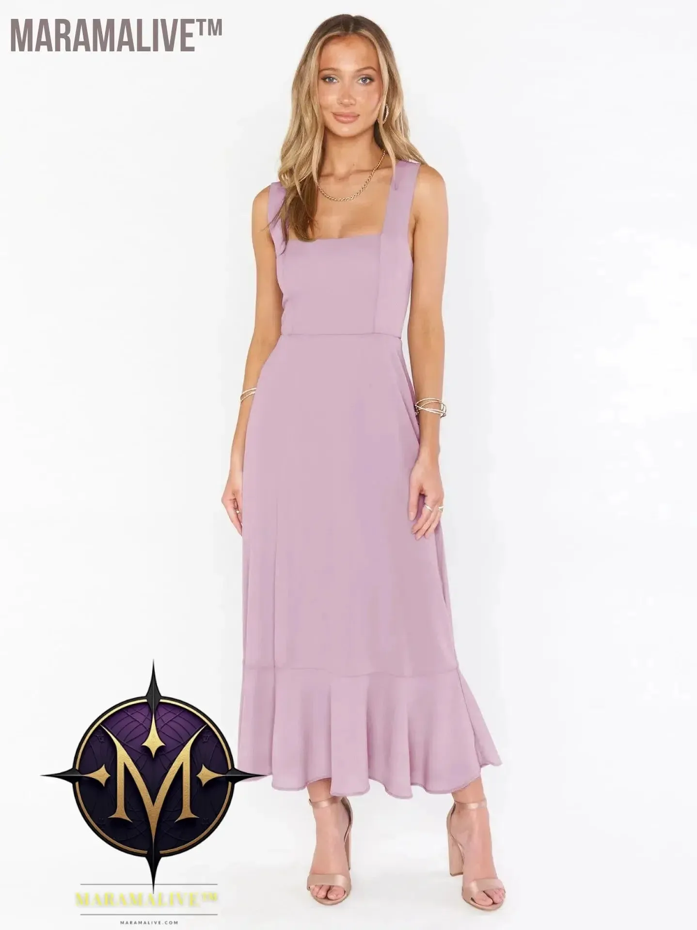 Elegant Fashion Women'S Temperament Commuter Slit Dress Solid Color Fallow Skirt Urban Style High-Waisted A-Line Dress