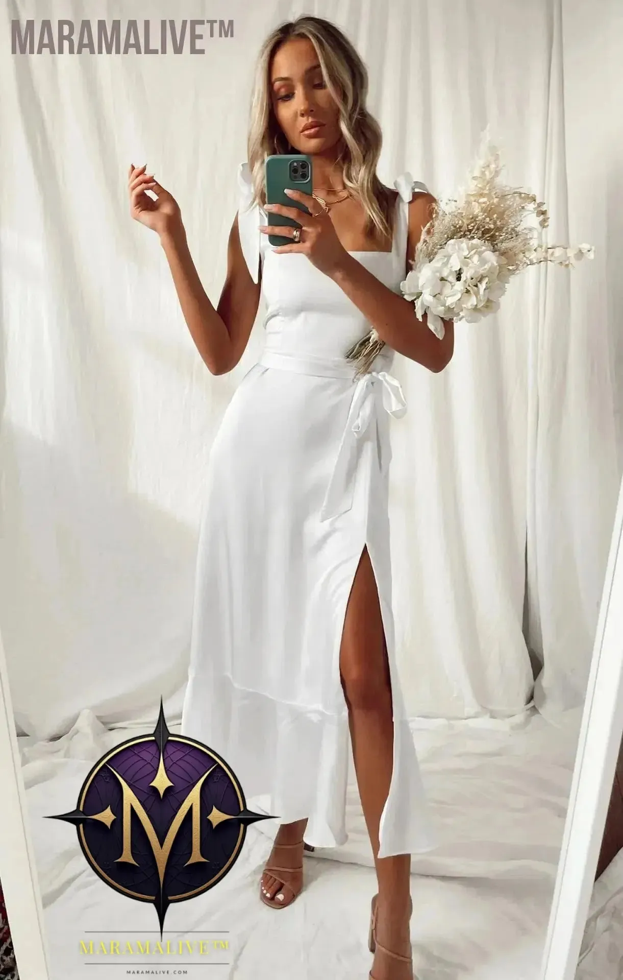 Elegant Fashion Women'S Temperament Commuter Slit Dress Solid Color Fallow Skirt Urban Style High-Waisted A-Line Dress