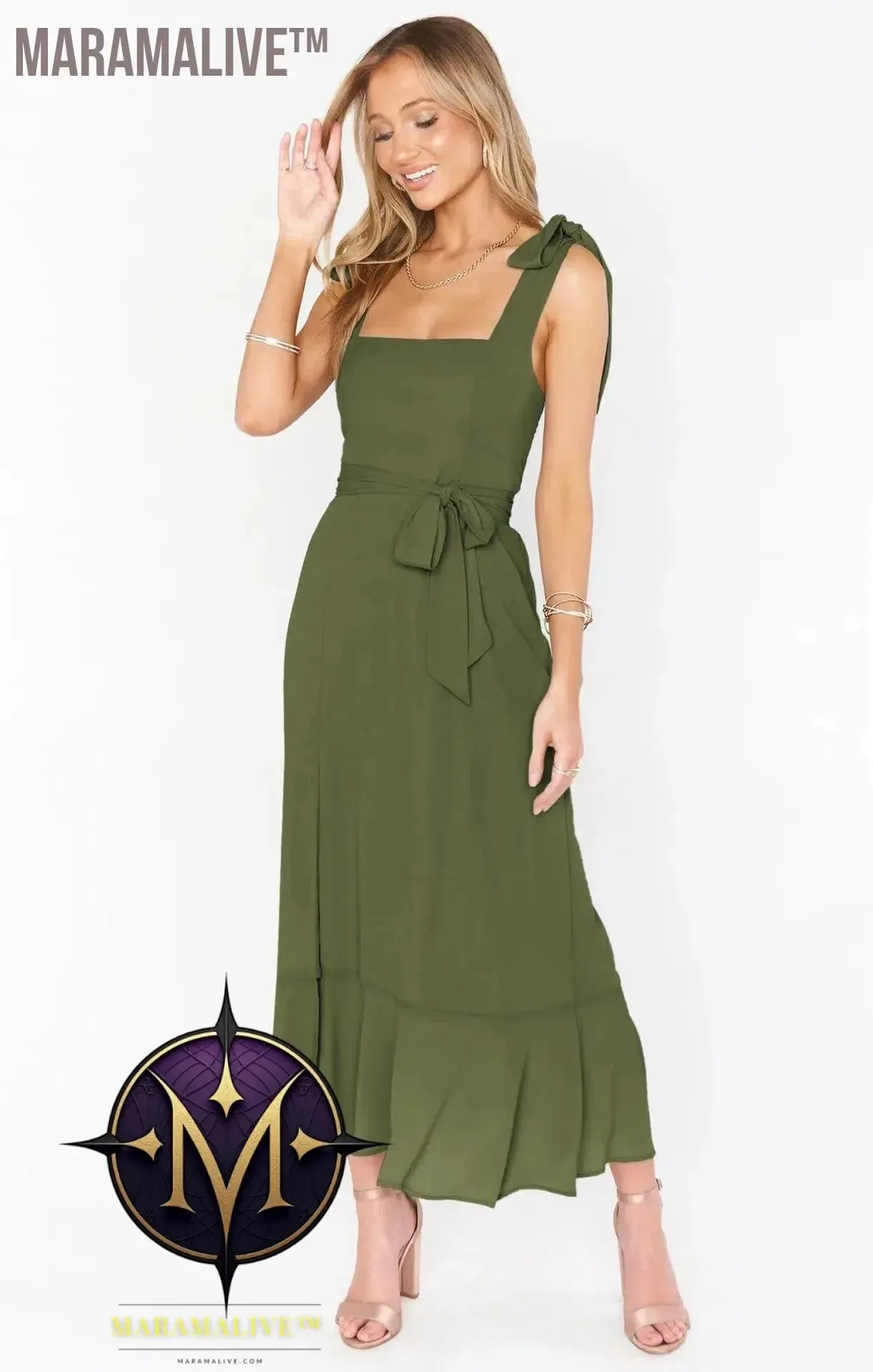 Elegant Fashion Women'S Temperament Commuter Slit Dress Solid Color Fallow Skirt Urban Style High-Waisted A-Line Dress