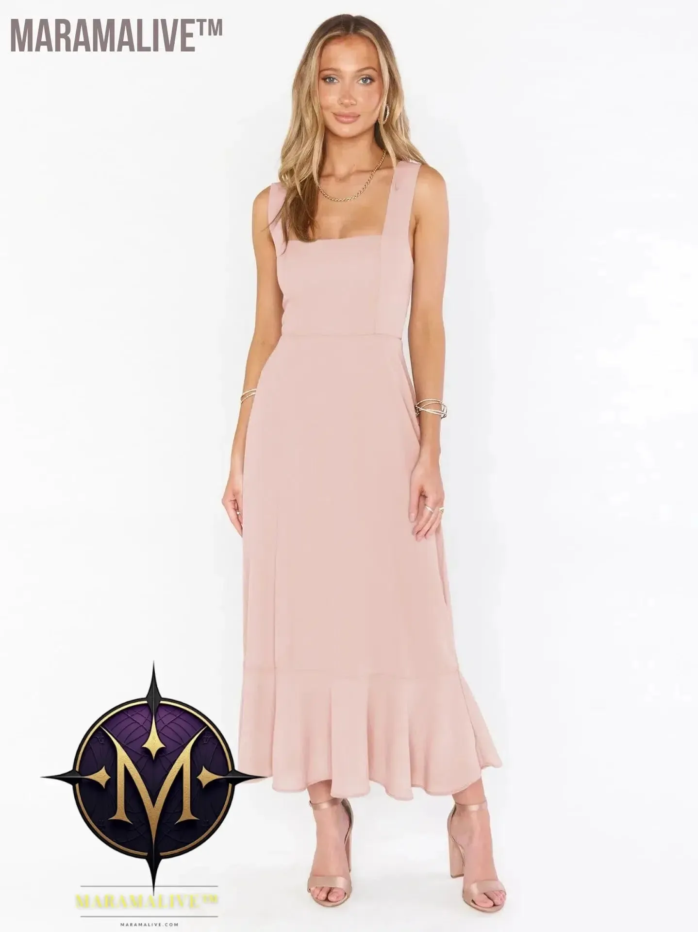 Elegant Fashion Women'S Temperament Commuter Slit Dress Solid Color Fallow Skirt Urban Style High-Waisted A-Line Dress