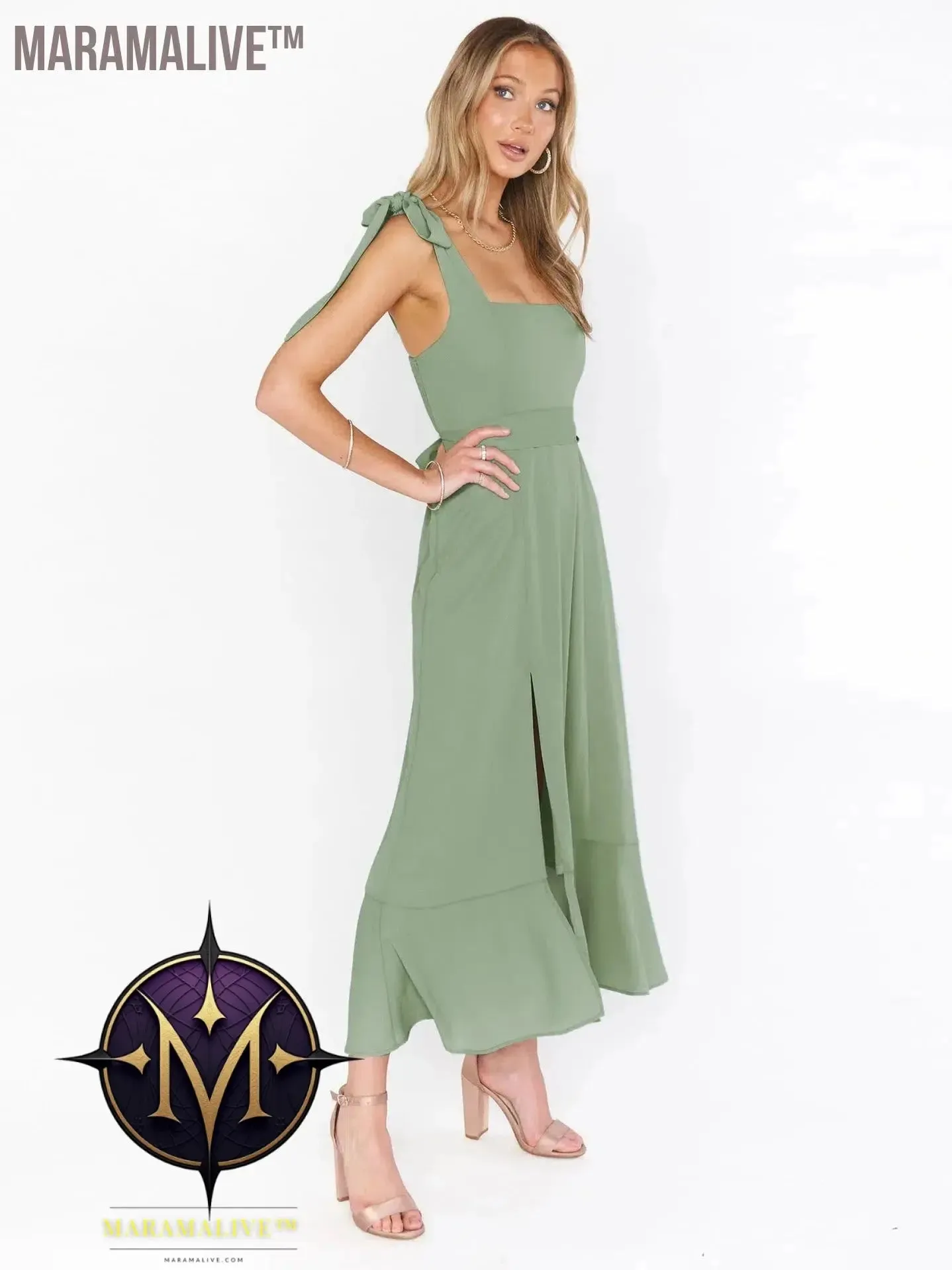 Elegant Fashion Women'S Temperament Commuter Slit Dress Solid Color Fallow Skirt Urban Style High-Waisted A-Line Dress