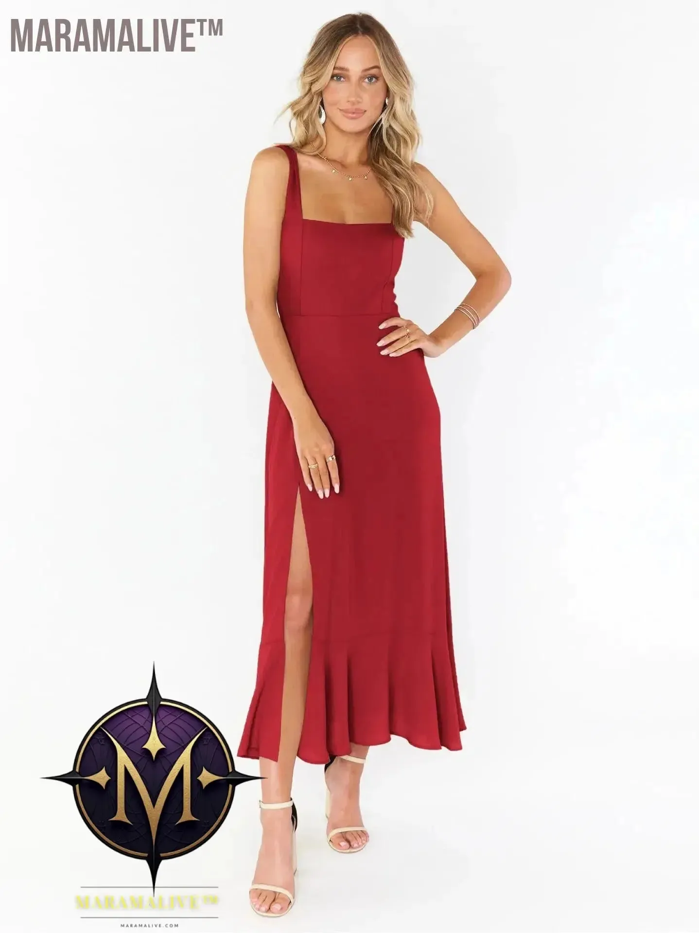 Elegant Fashion Women'S Temperament Commuter Slit Dress Solid Color Fallow Skirt Urban Style High-Waisted A-Line Dress