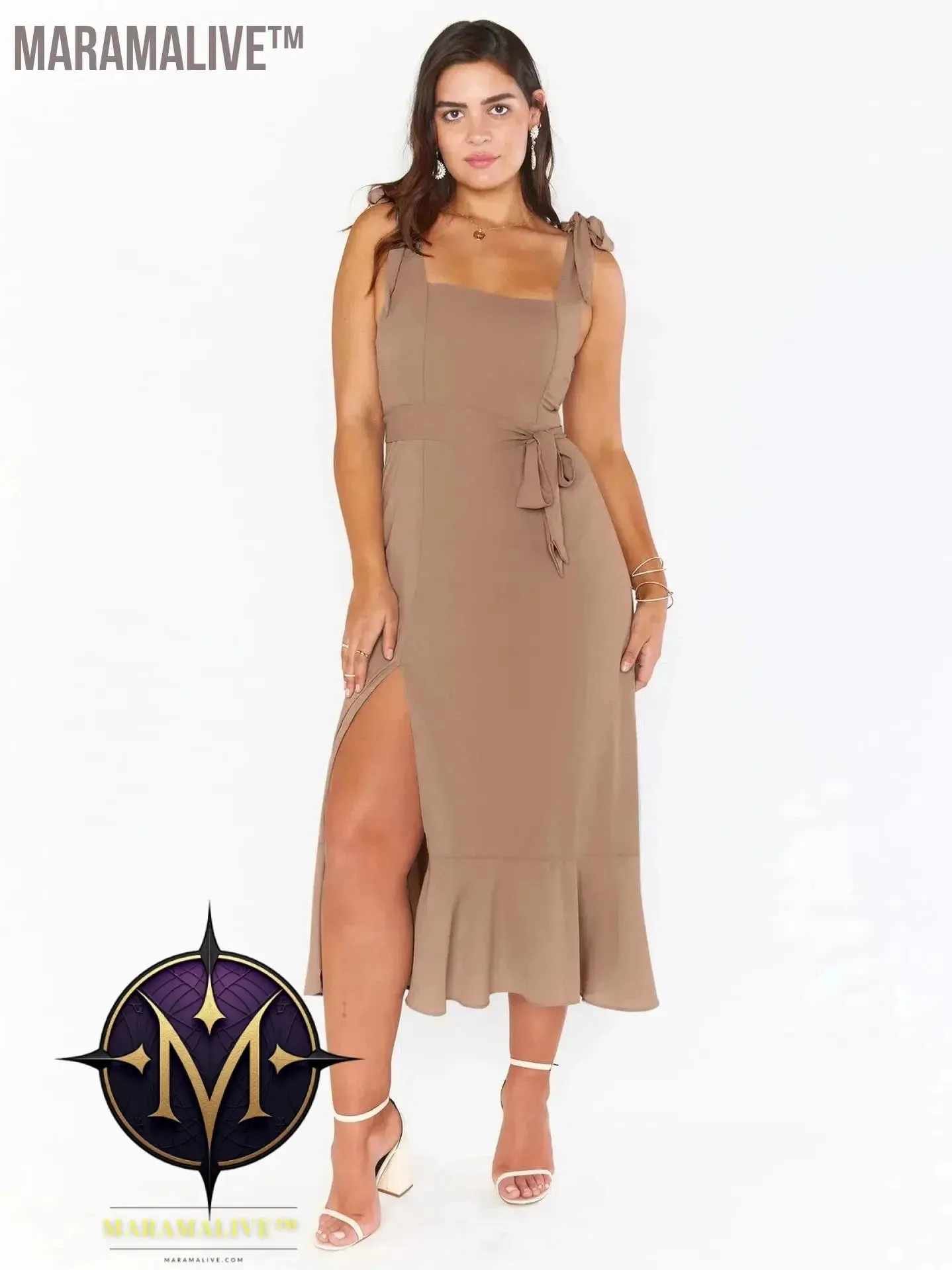 Elegant Fashion Women'S Temperament Commuter Slit Dress Solid Color Fallow Skirt Urban Style High-Waisted A-Line Dress