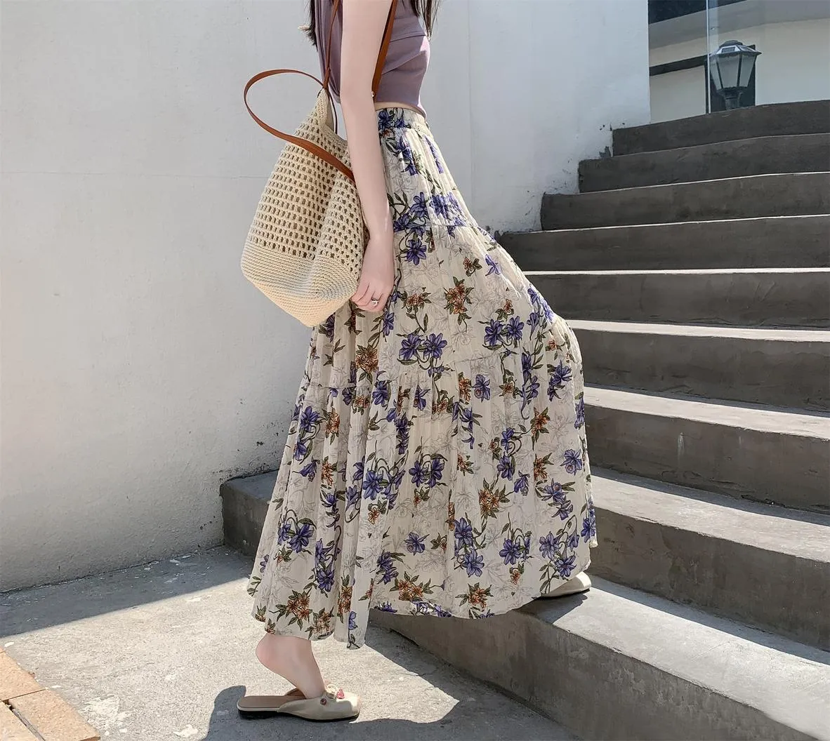 Elegant High Rise Chiffon and Crinkled Gauze Maxi Skirt