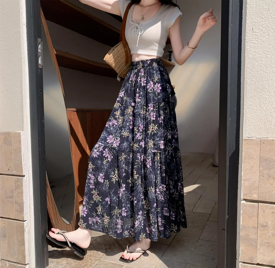 Elegant High Rise Chiffon and Crinkled Gauze Maxi Skirt