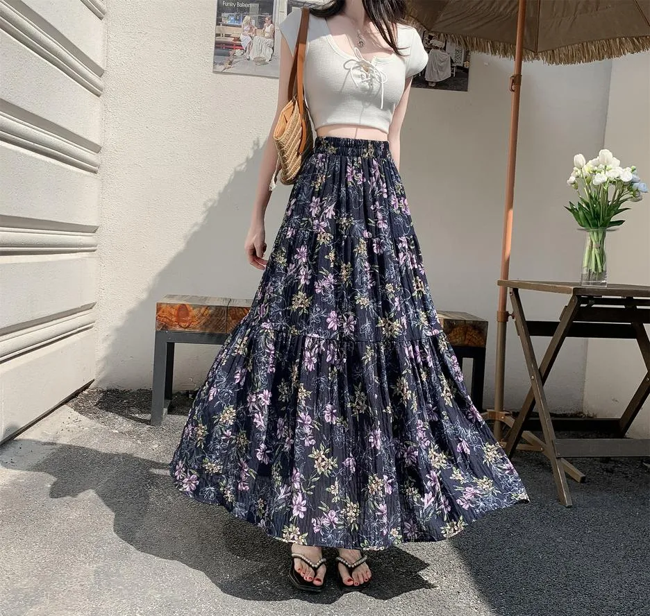 Elegant High Rise Chiffon and Crinkled Gauze Maxi Skirt