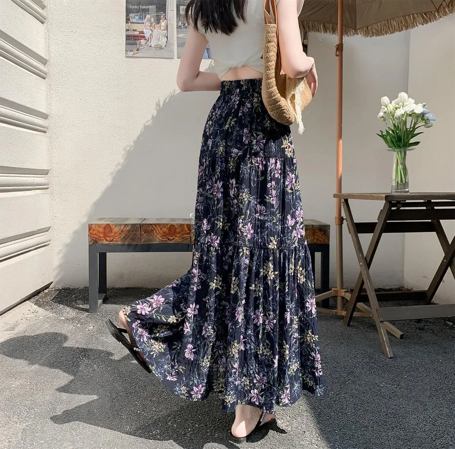 Elegant High Rise Chiffon and Crinkled Gauze Maxi Skirt