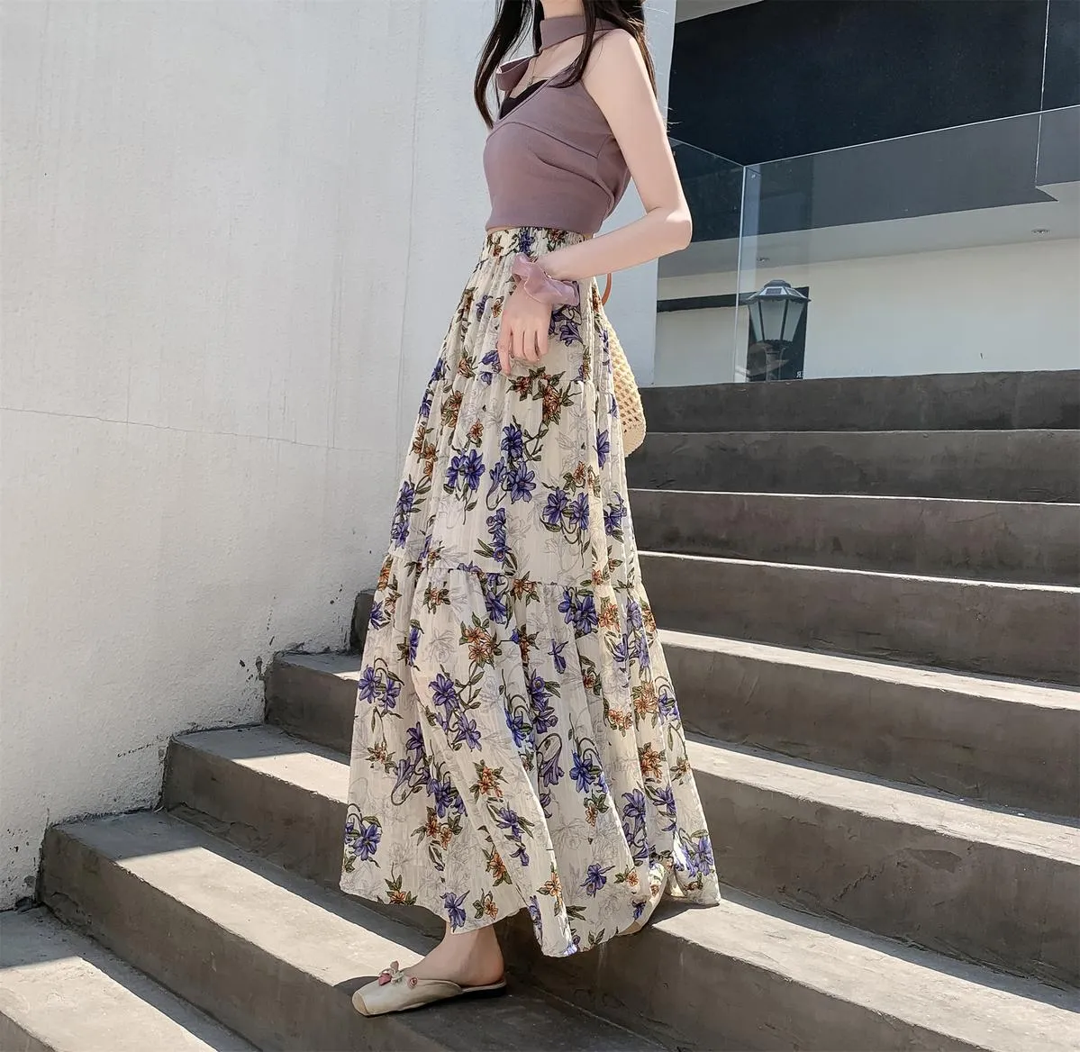 Elegant High Rise Chiffon and Crinkled Gauze Maxi Skirt