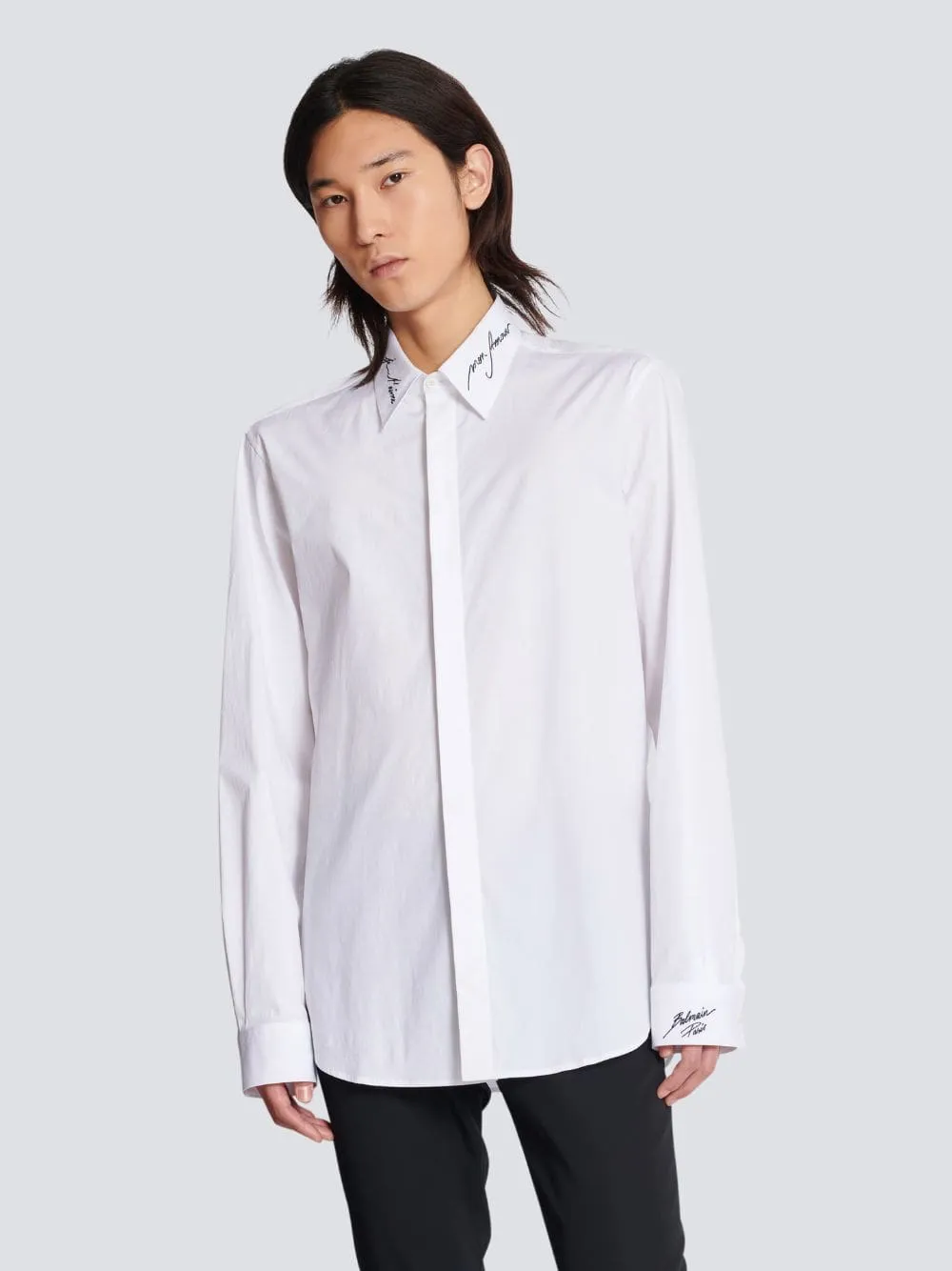 Embroidered Collar White Poplin Shirt