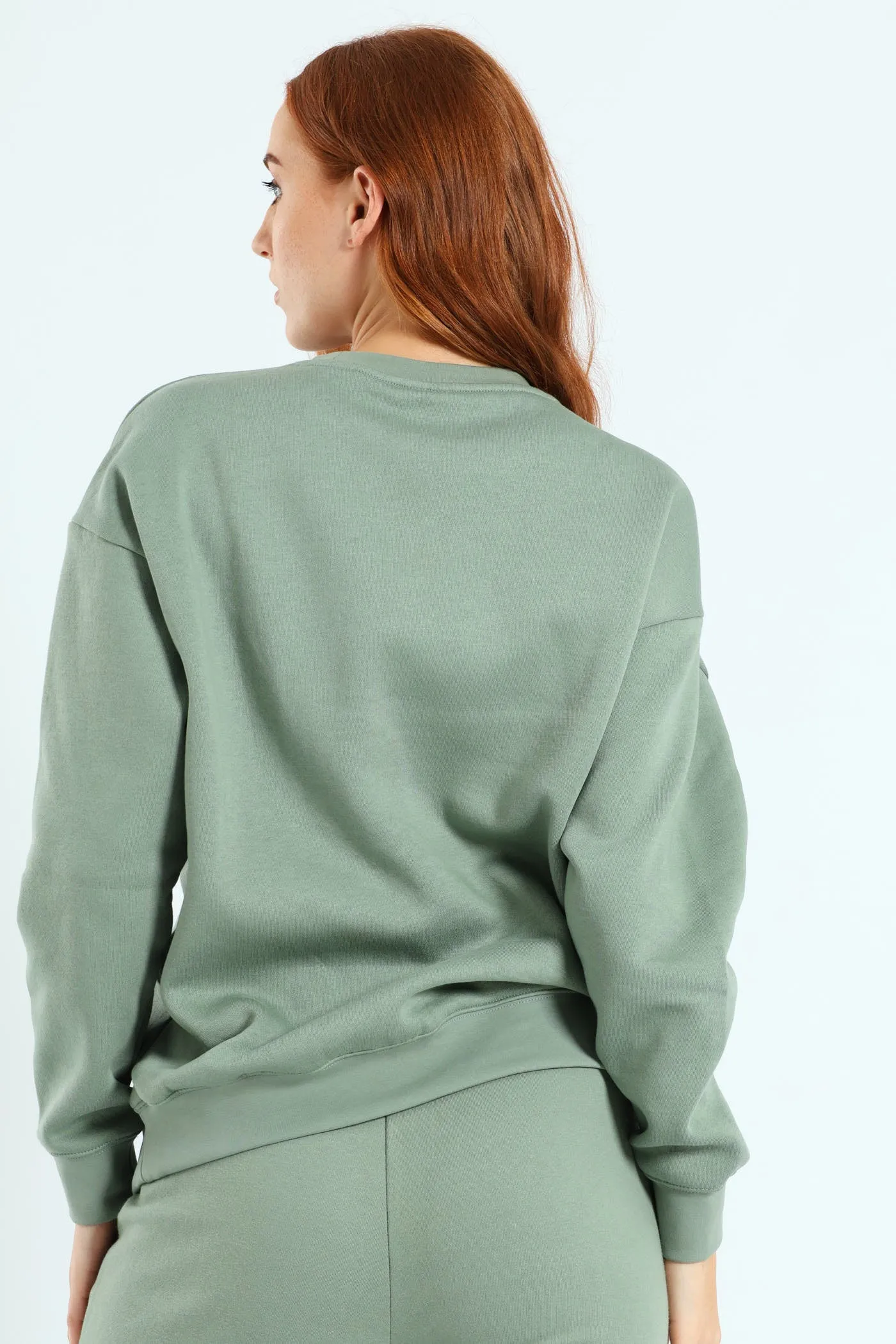 Essential Small Logo Relaxed Fleece Crew Top - Green