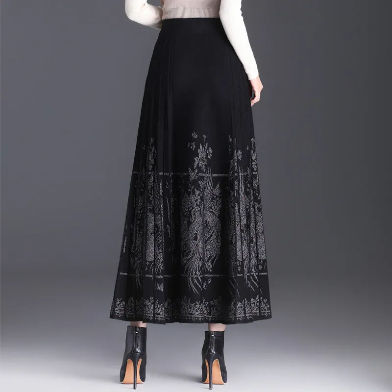 Fashion Black Chinese Loose Elastic Waist Embroidery Skirts