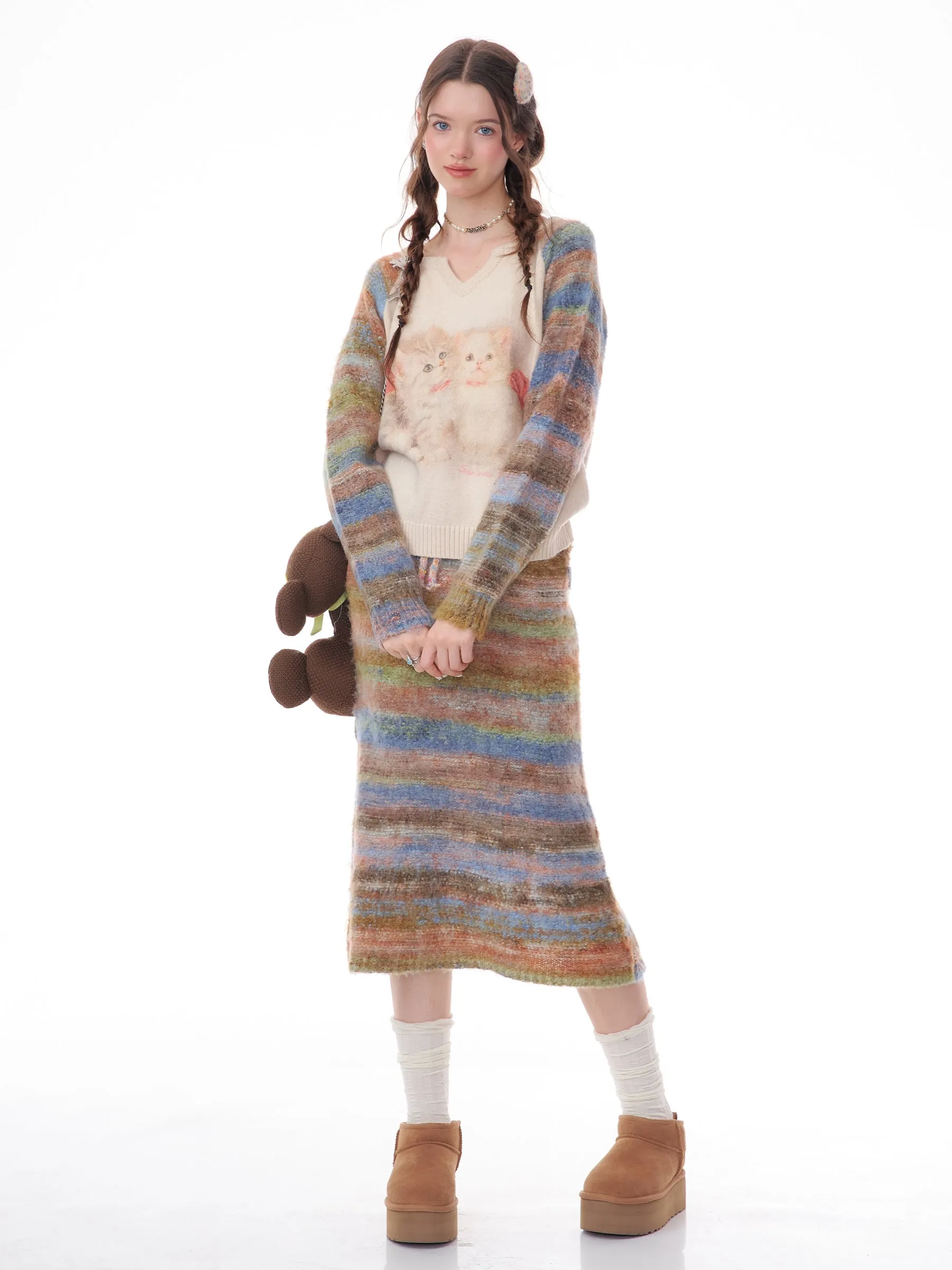 Fashion Striped Patchwork Knit Skirts Winter
