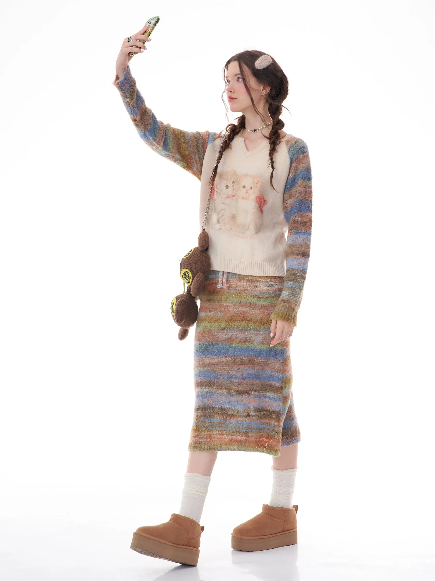 Fashion Striped Patchwork Knit Skirts Winter