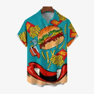 Fries Burger Vintage Button Pocket Casual Short Sleeve Shirt 2412003096