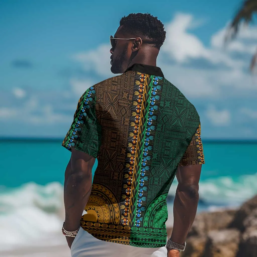 Green-gold Dashiki and Tapa Pattern Hawaiian Shirt Africa-Polynesia Together Culture LT9